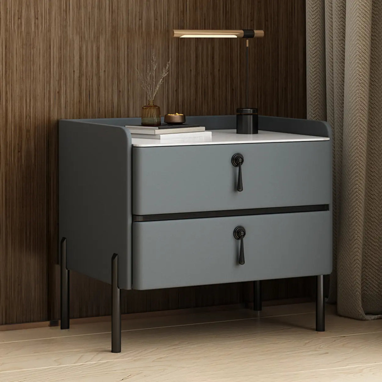 Glam Modern Khaki Nightstand with Gold Legs and Drawers Image - 9