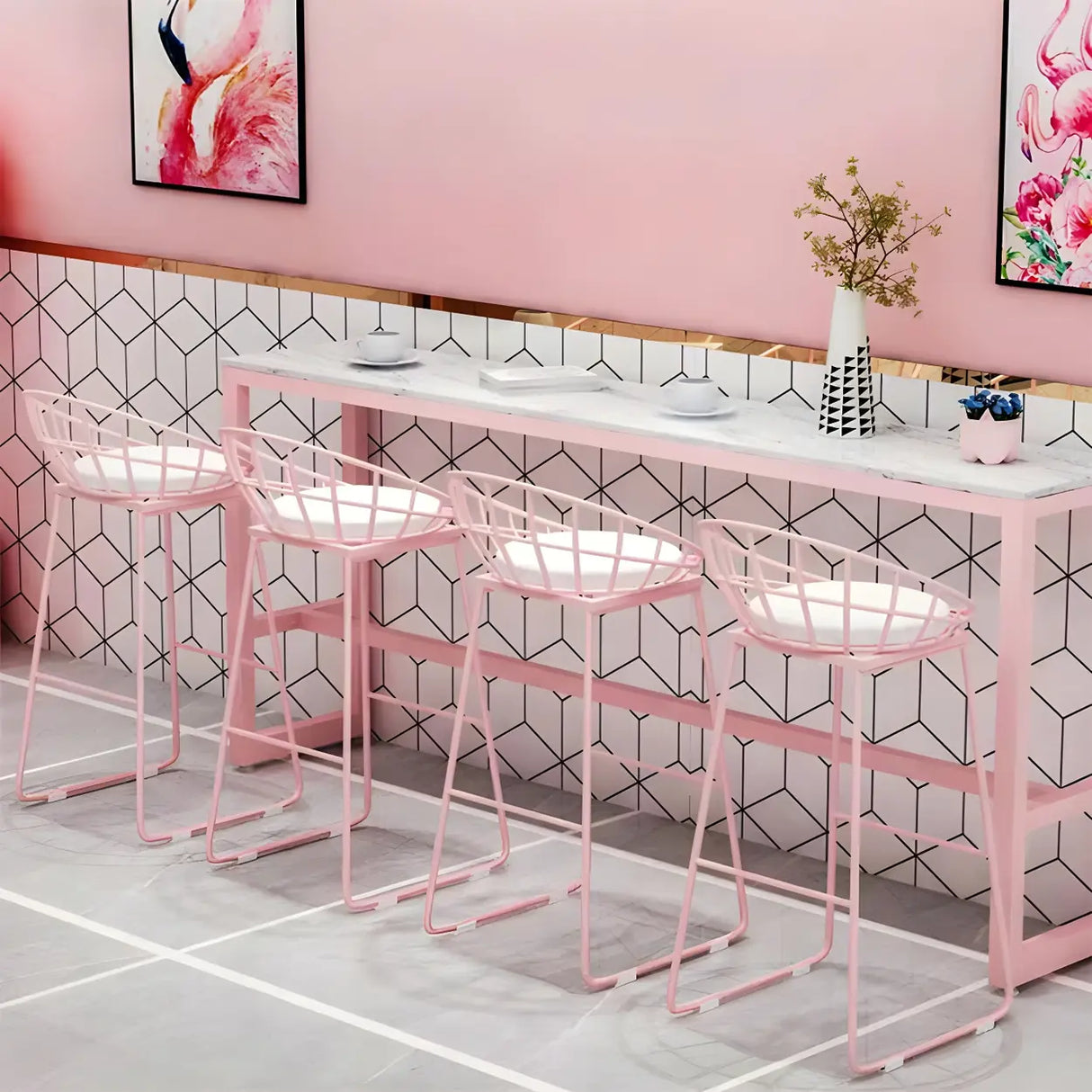 Glam Pink Rectangle Marble Long Cocktail Bar Table Image - 2