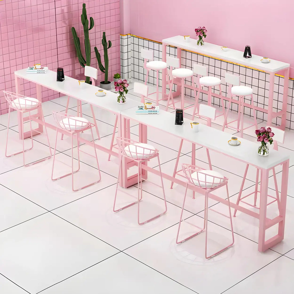 Glam Pink Rectangle Marble Long Cocktail Bar Table Image - 9