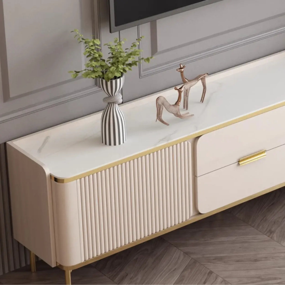 Glam Rectangle Stone TV Stand with Drawers Shelves Image - 10