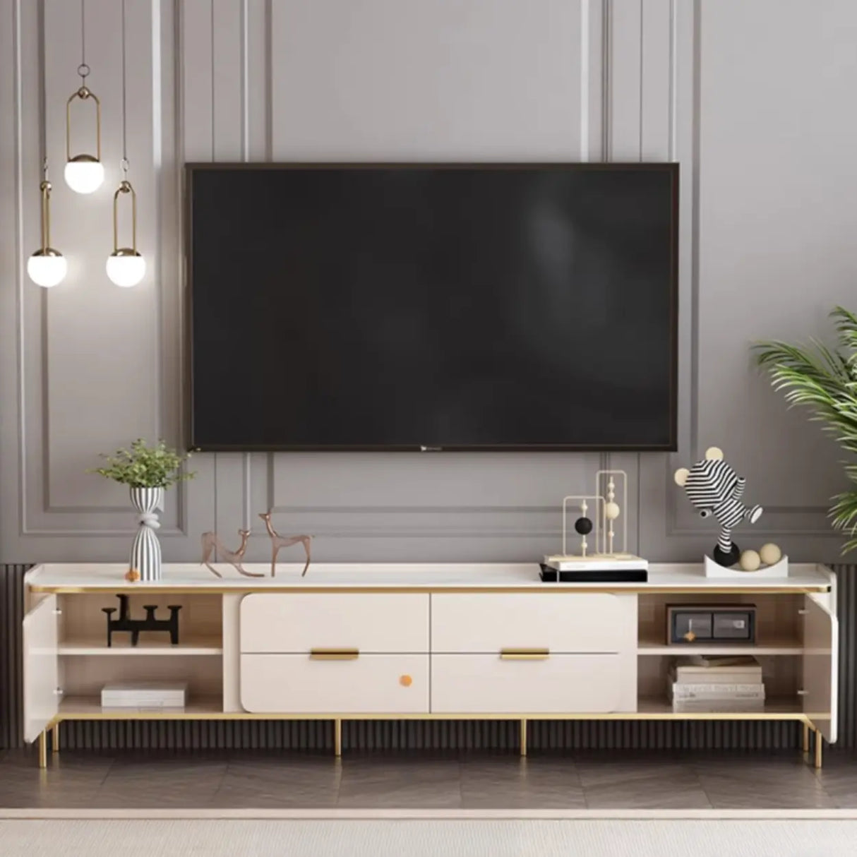 Glam Rectangle Stone TV Stand with Drawers Shelves Image - 12