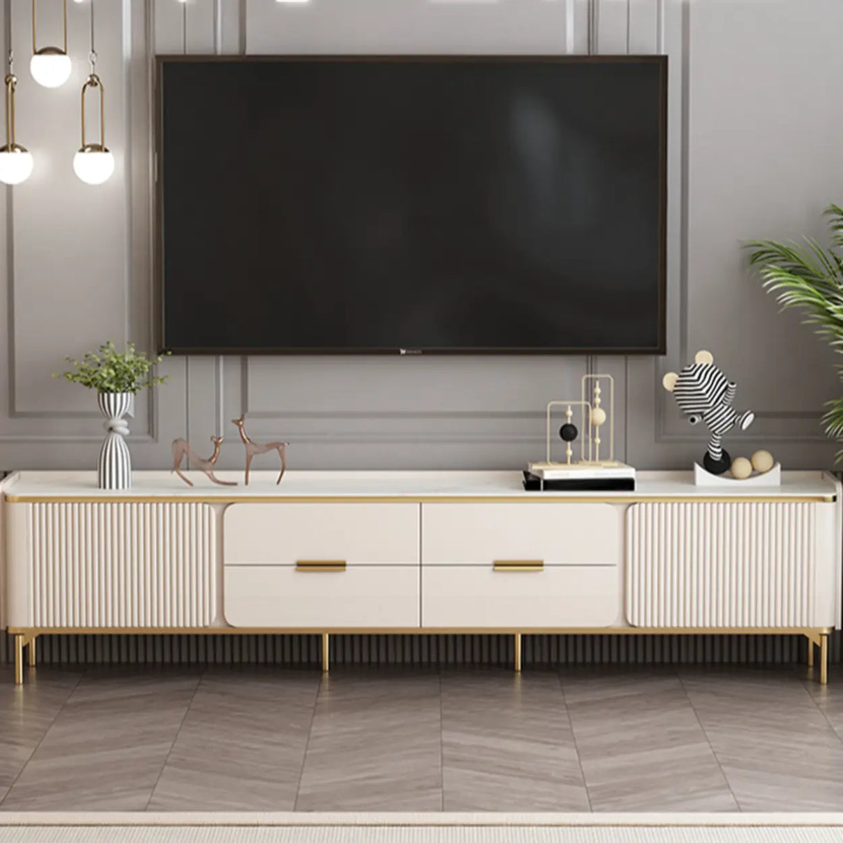 Glam Rectangle Stone TV Stand with Drawers Shelves Image - 13