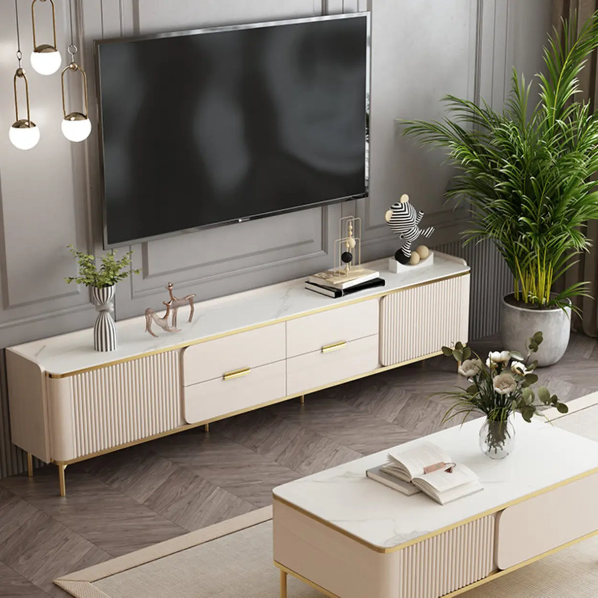 Glam Rectangle Stone TV Stand with Drawers Shelves Image - 14