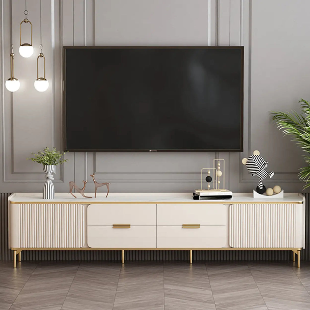 Glam Rectangle Stone TV Stand with Drawers Shelves Image - 1