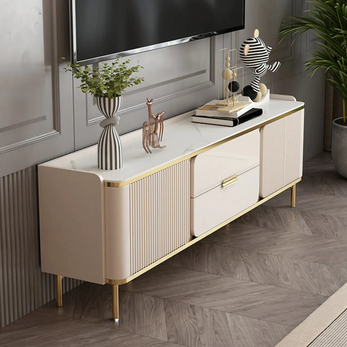 Glam Rectangle Stone TV Stand with Drawers Shelves Image - 2