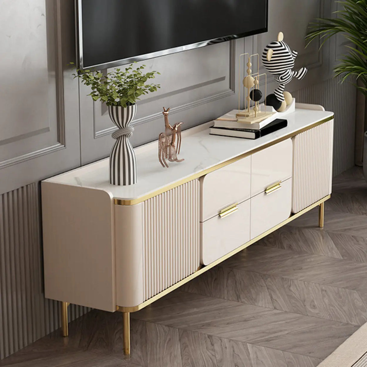 Glam Rectangle Stone TV Stand with Drawers Shelves Image - 4