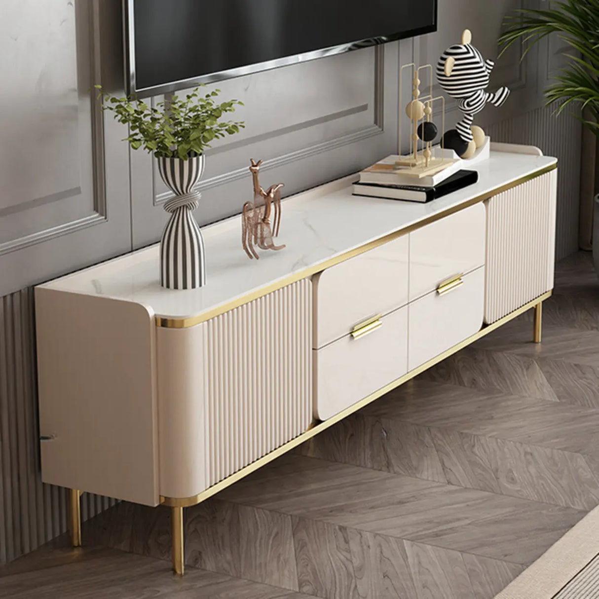 Glam Rectangle Stone TV Stand with Drawers Shelves Image - 6