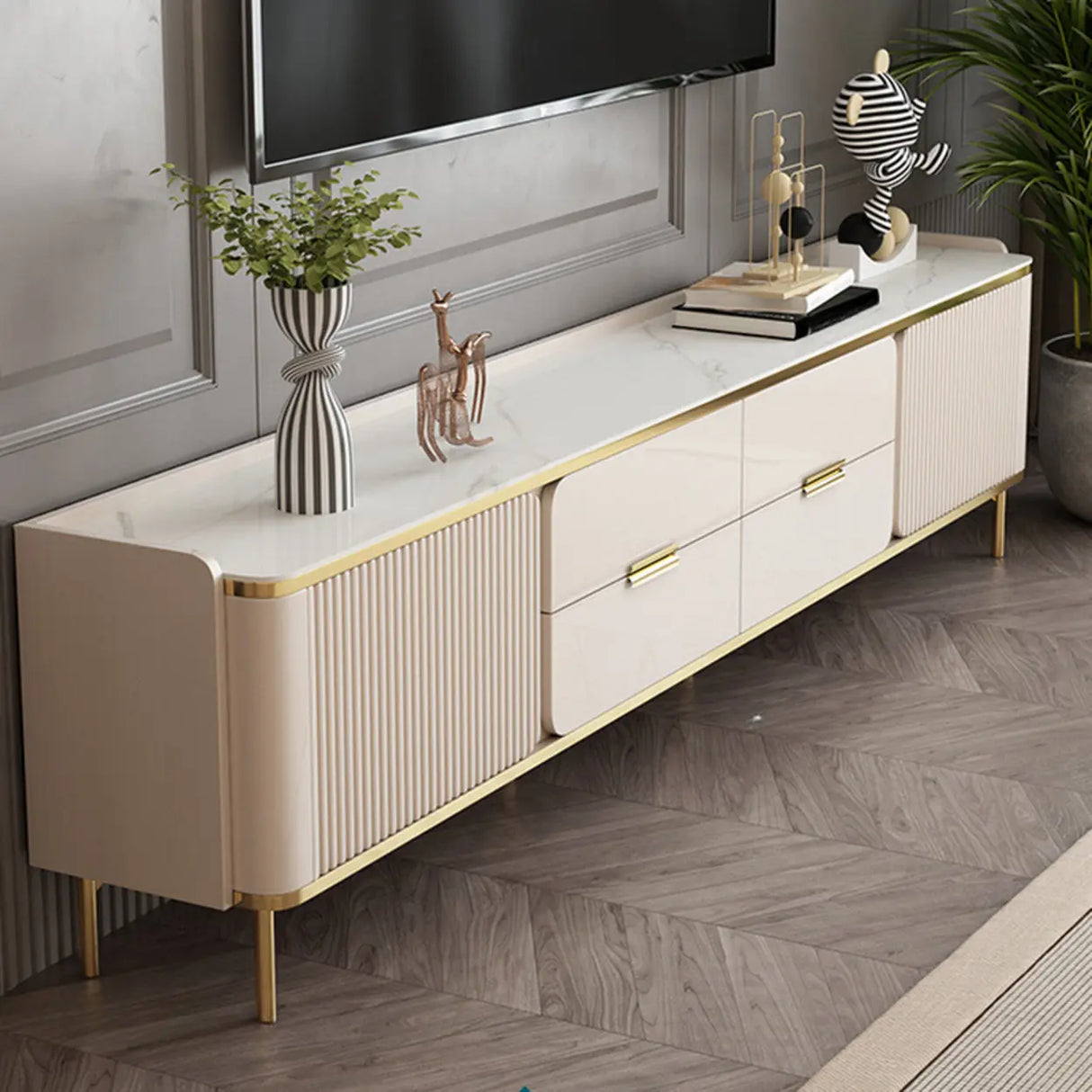 Glam Rectangle Stone TV Stand with Drawers Shelves Image - 8