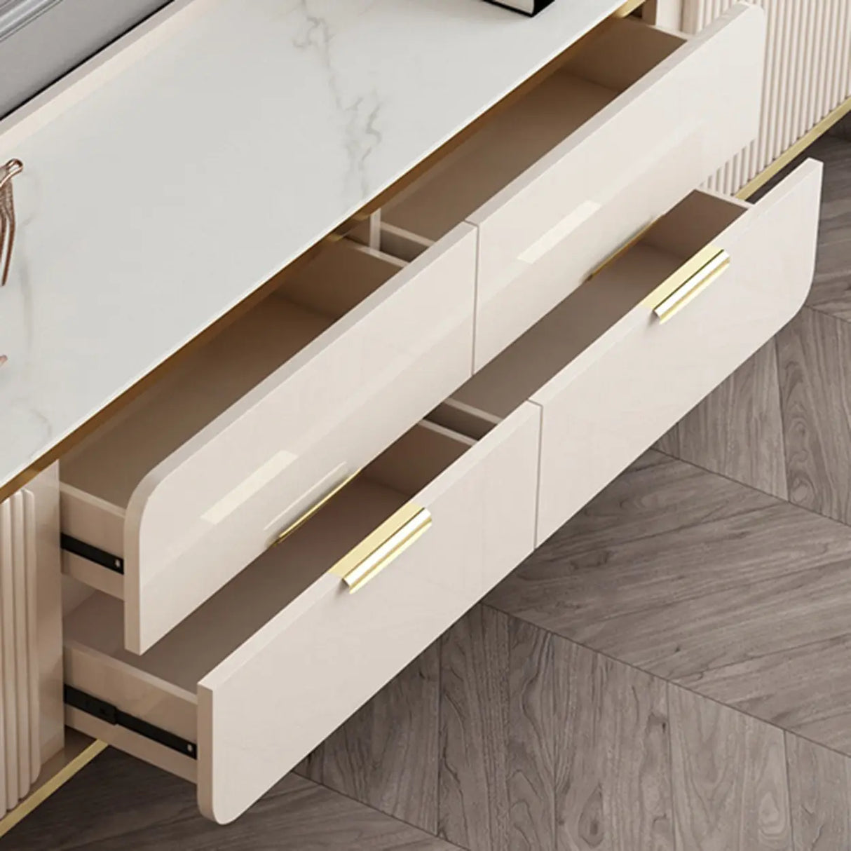 Glam Rectangle Stone TV Stand with Drawers Shelves Image - 9