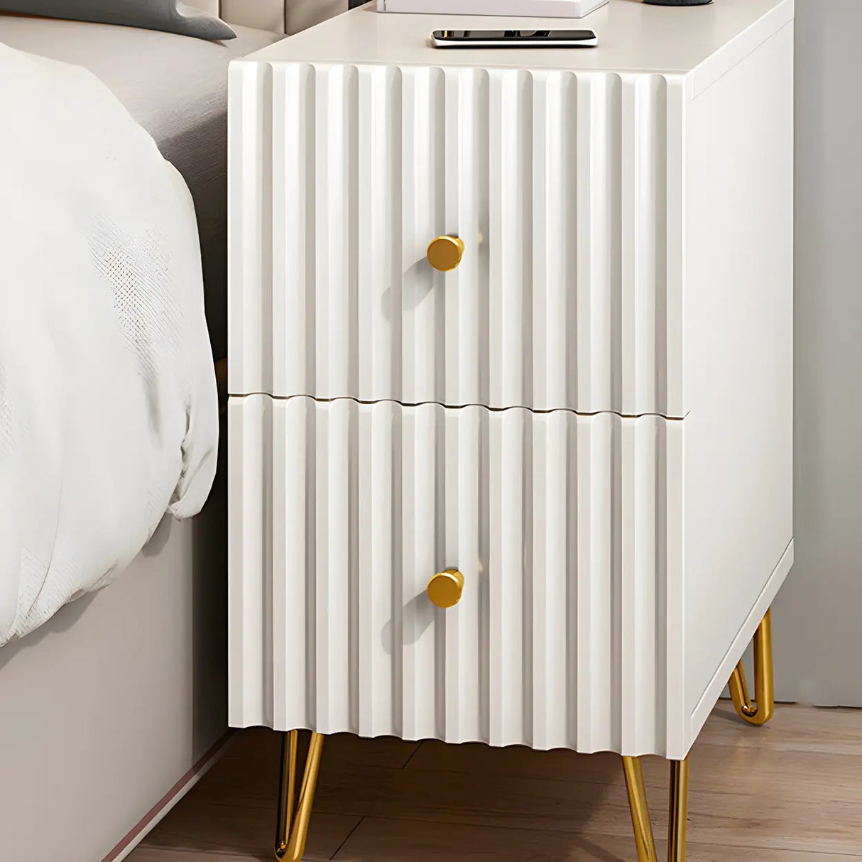 Glam Rectangular Wood White Storage Drawers Nightstand Image - 13