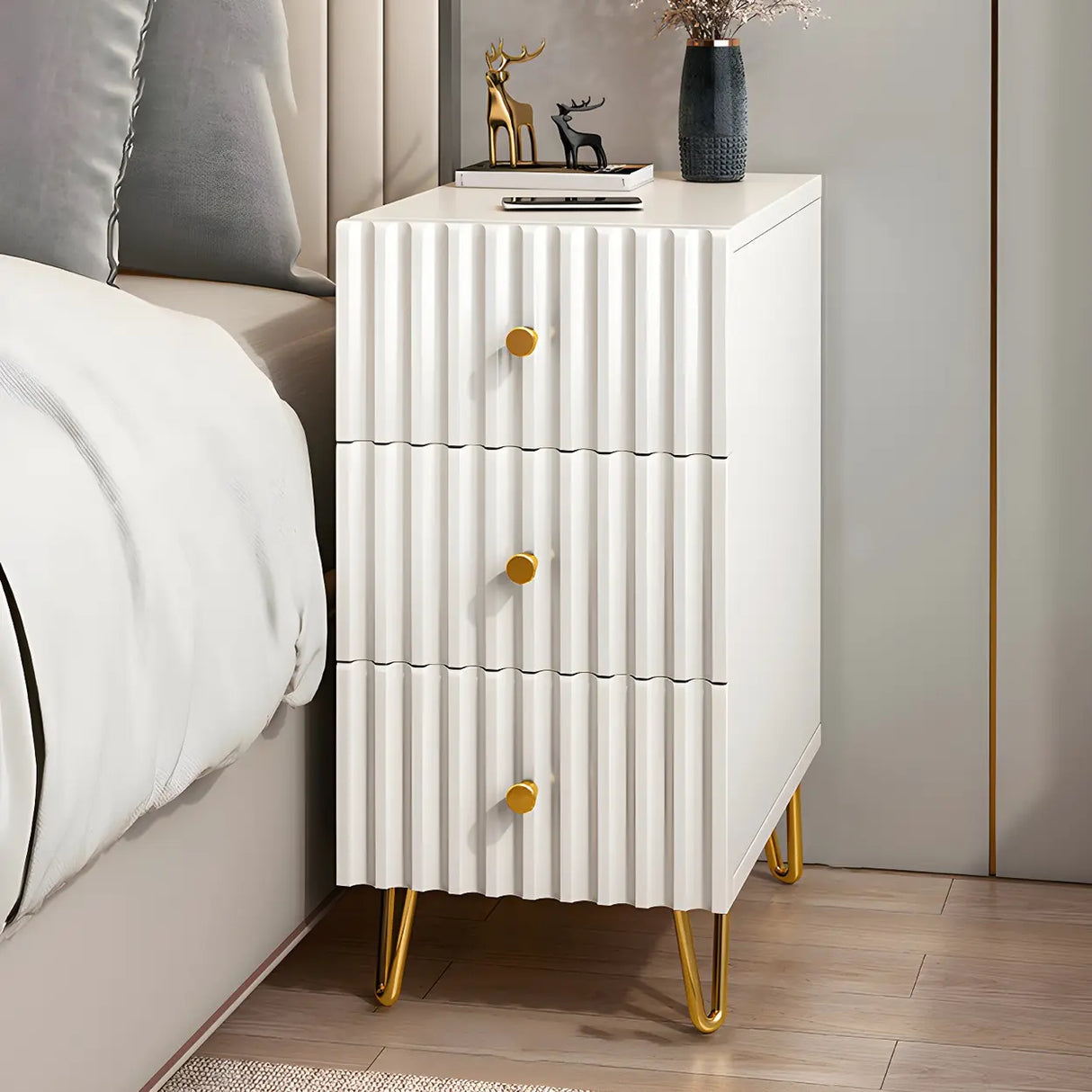 Glam Rectangular Wood White Storage Drawers Nightstand Image - 14