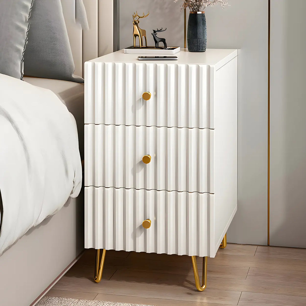 Glam Rectangular Wood White Storage Drawers Nightstand Image - 16