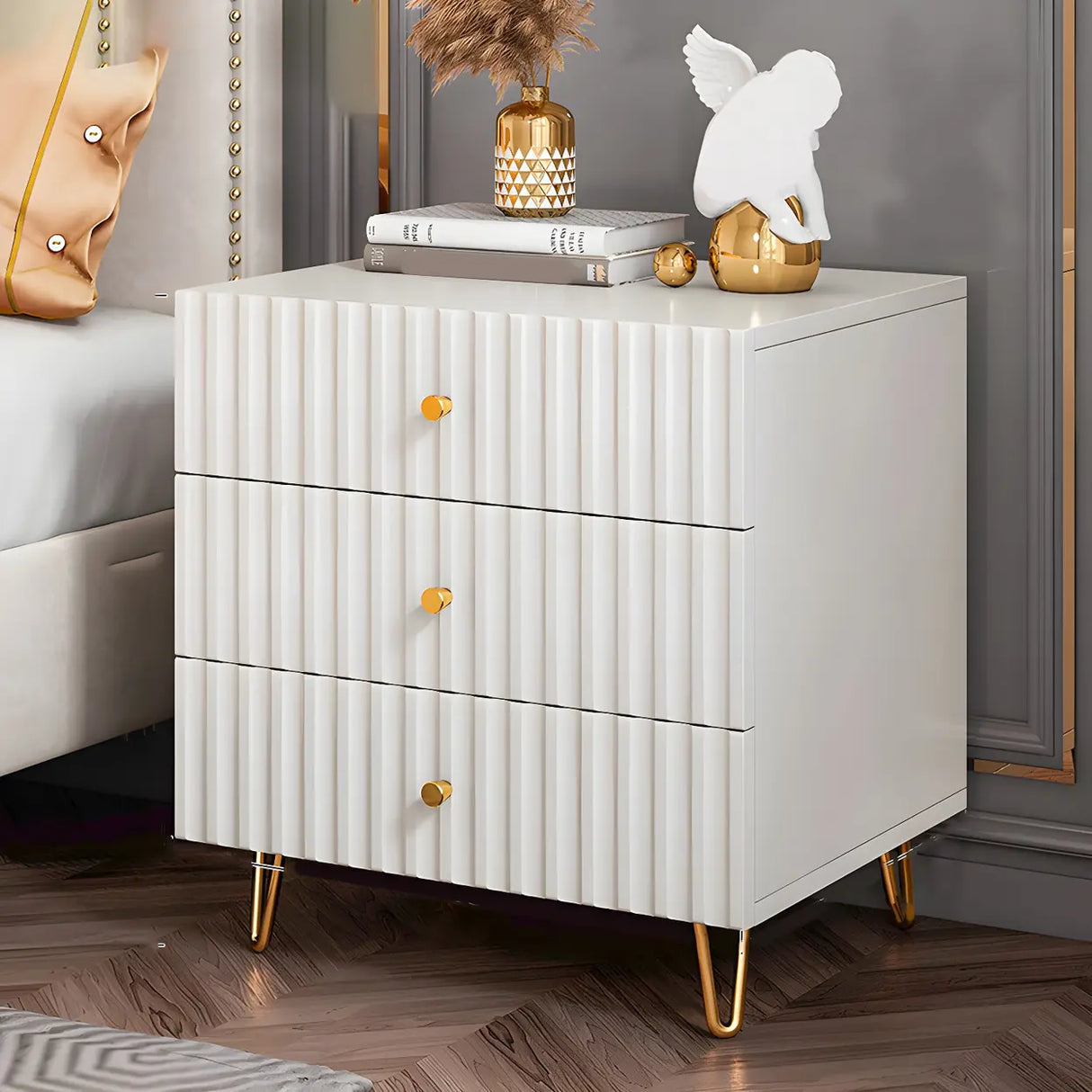 Glam Rectangular Wood White Storage Drawers Nightstand Image - 19