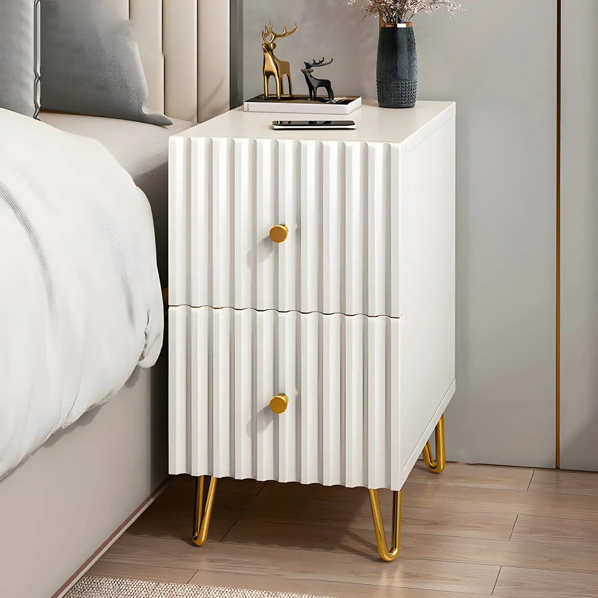 Glam Rectangular Wood White Storage Drawers Nightstand Image - 1