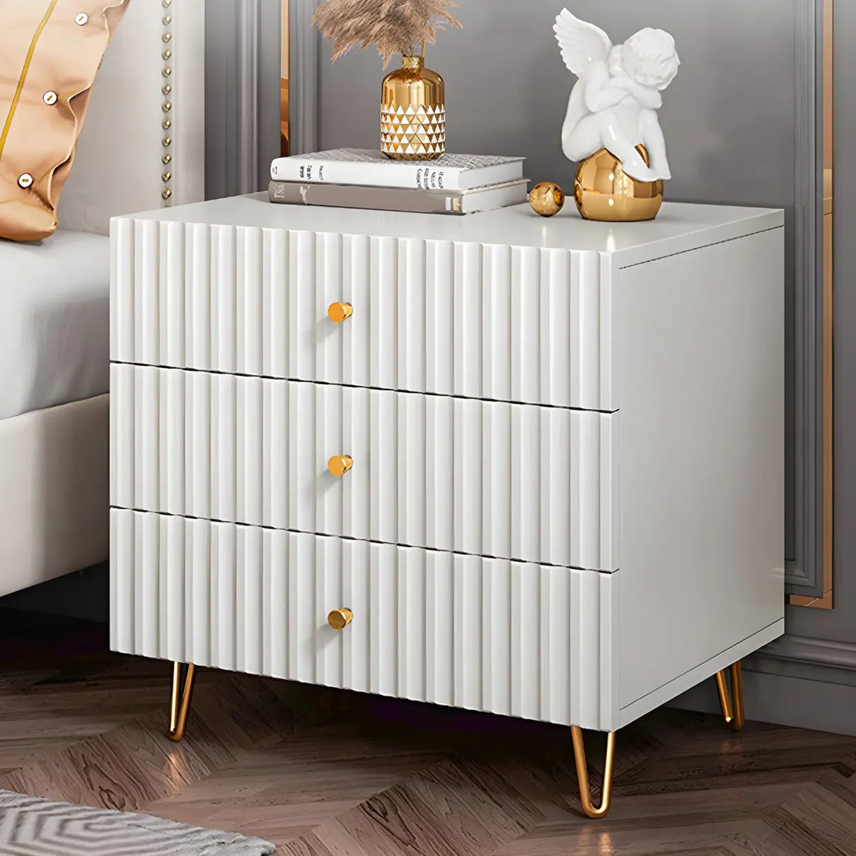 Glam Rectangular Wood White Storage Drawers Nightstand Image - 21