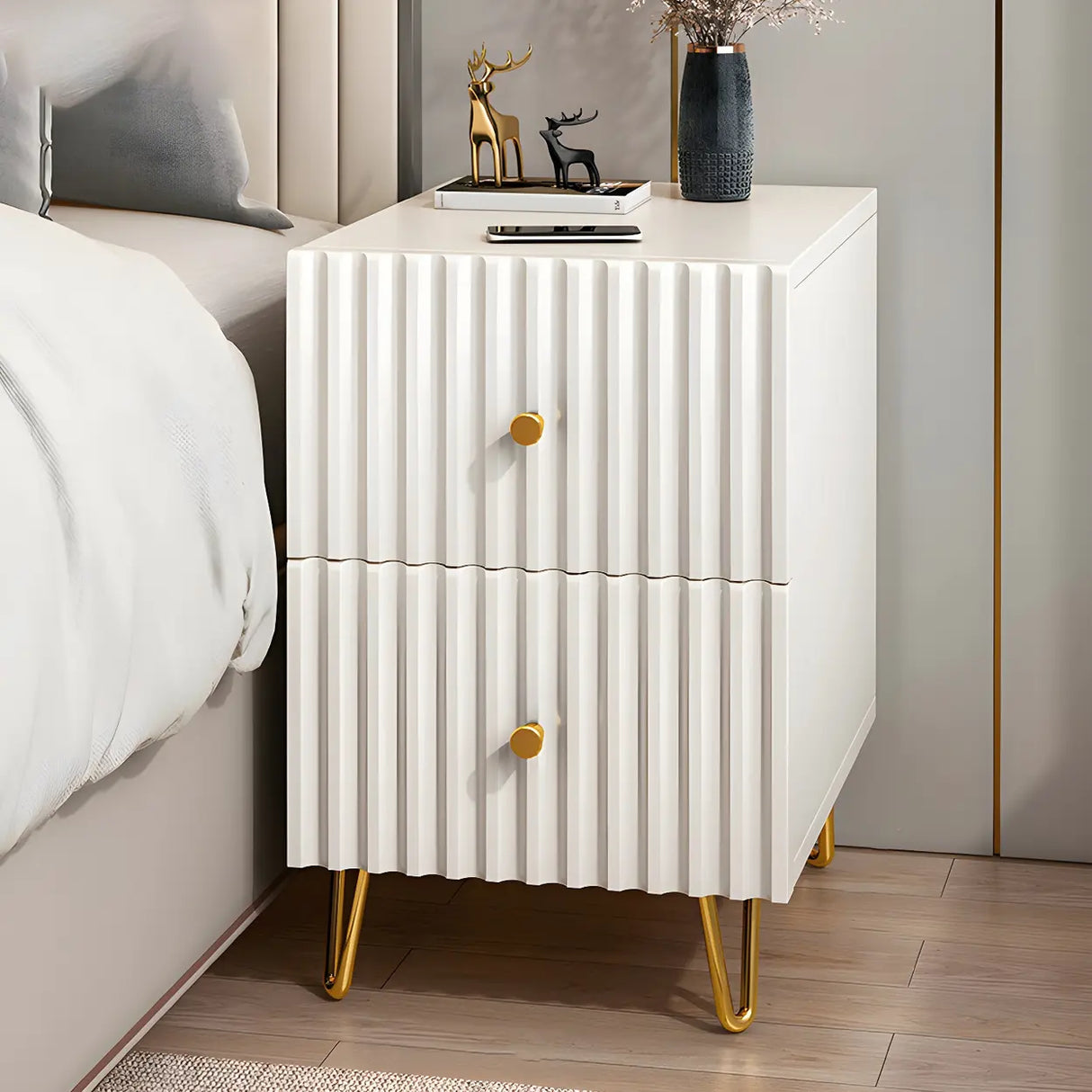 Glam Rectangular Wood White Storage Drawers Nightstand Image - 2