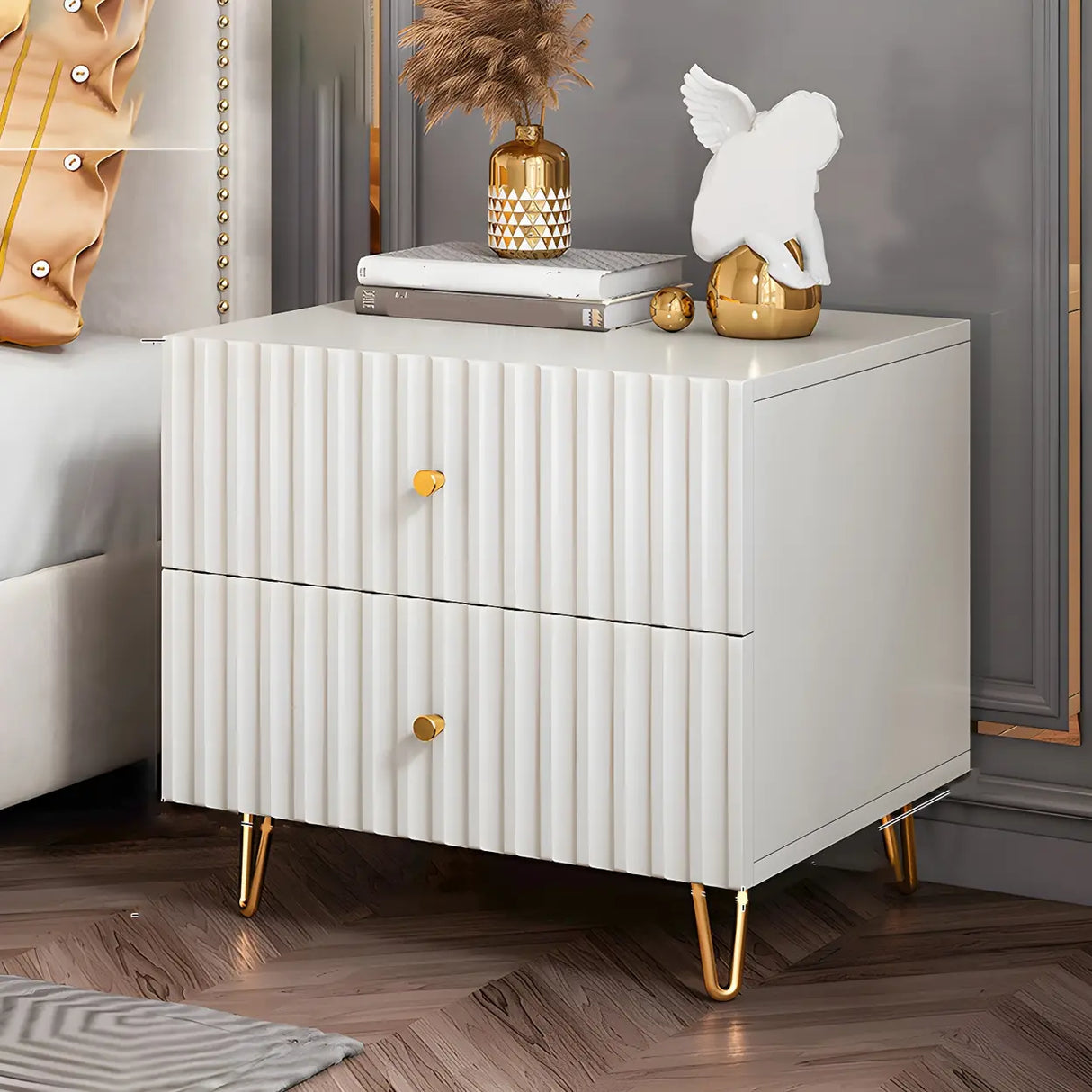 Glam Rectangular Wood White Storage Drawers Nightstand Image - 3