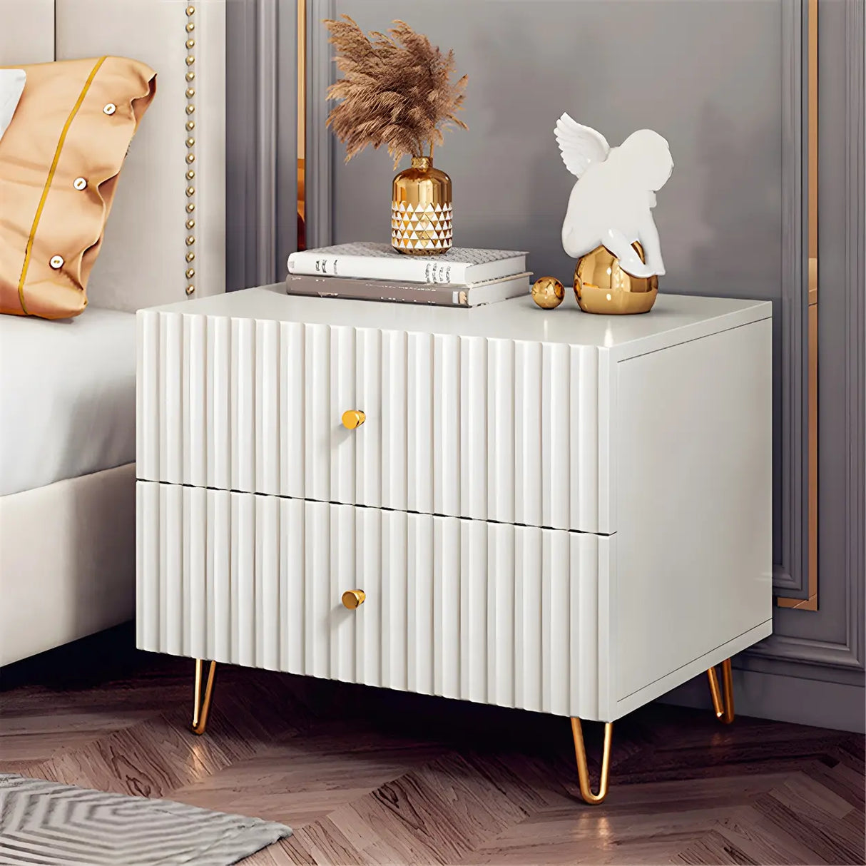 Glam Rectangular Wood White Storage Drawers Nightstand Image - 4