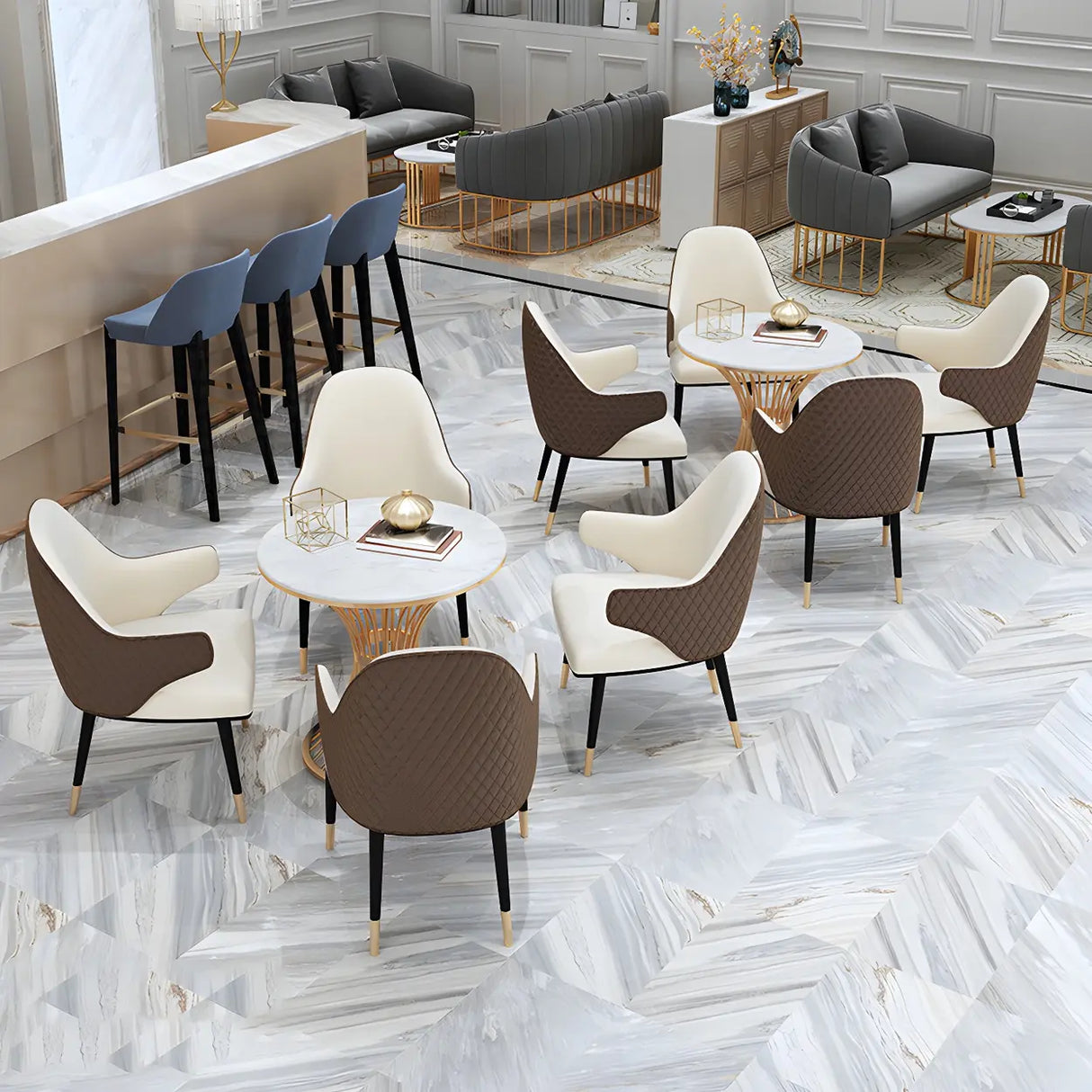 Glam Round Scratch Resistant Faux Marble Gold Dining Table Image - 3