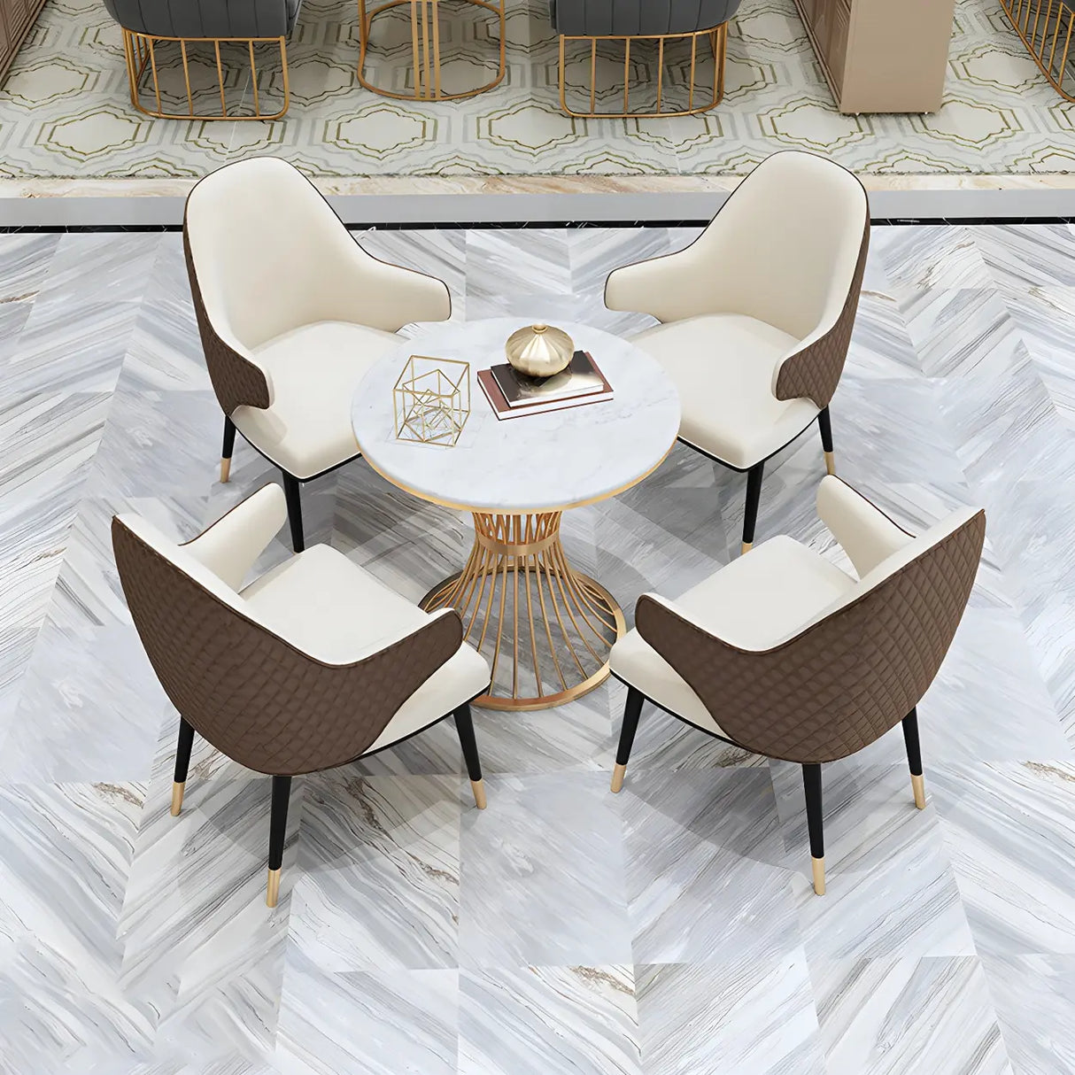 Glam Round Scratch Resistant Faux Marble Gold Dining Table Image - 4