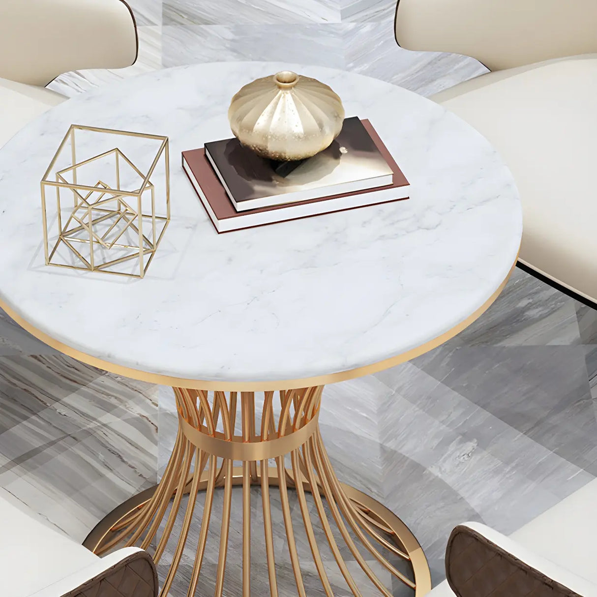 Glam Round Scratch Resistant Faux Marble Gold Dining Table Image - 6