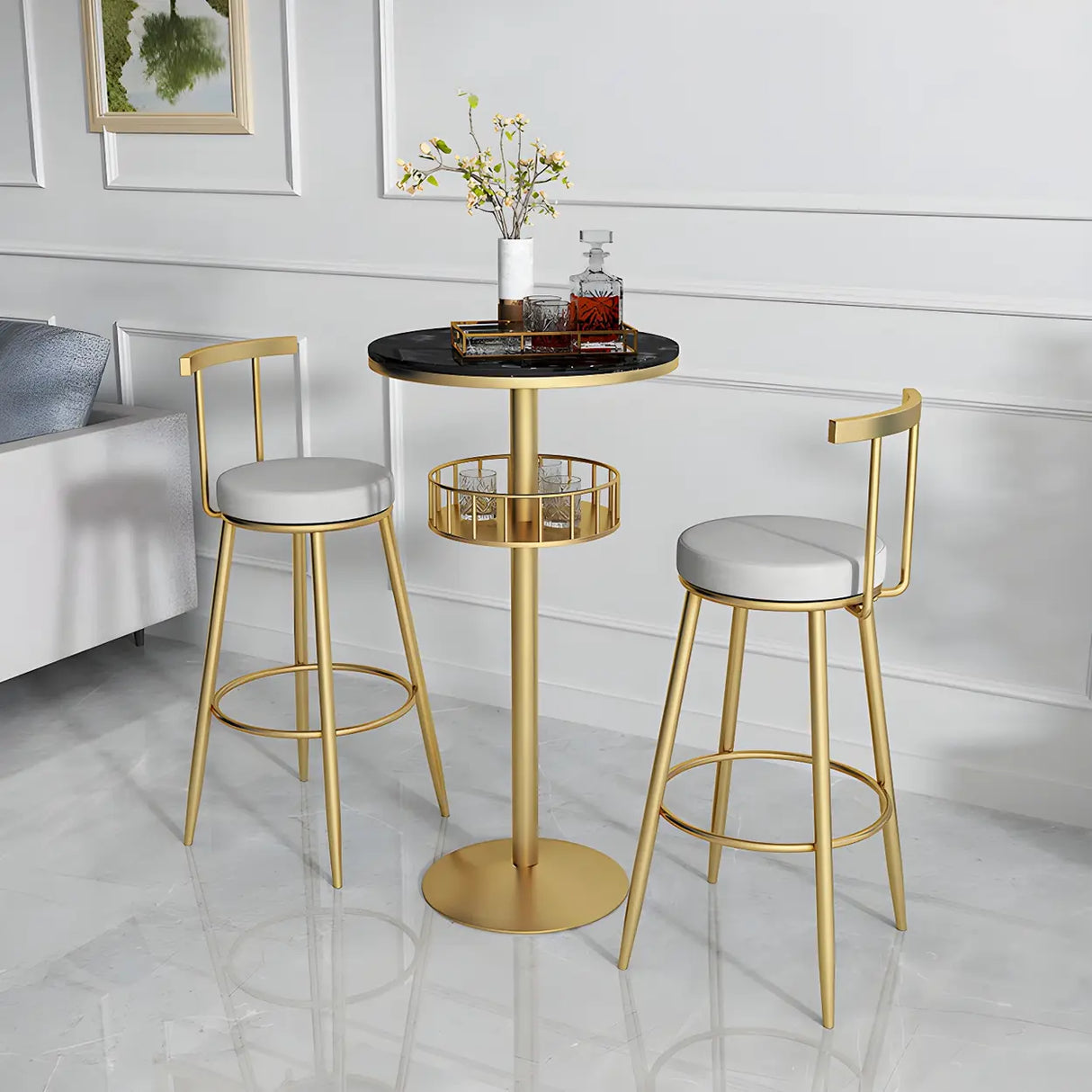 Glam Small Marble Metal Bar Table with Shelf Image - 7
