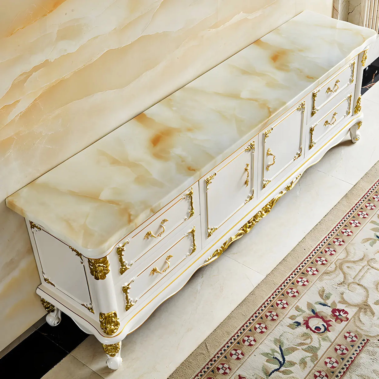 Glam Stone Oak White Wood TV Stand with Storage Image - 2