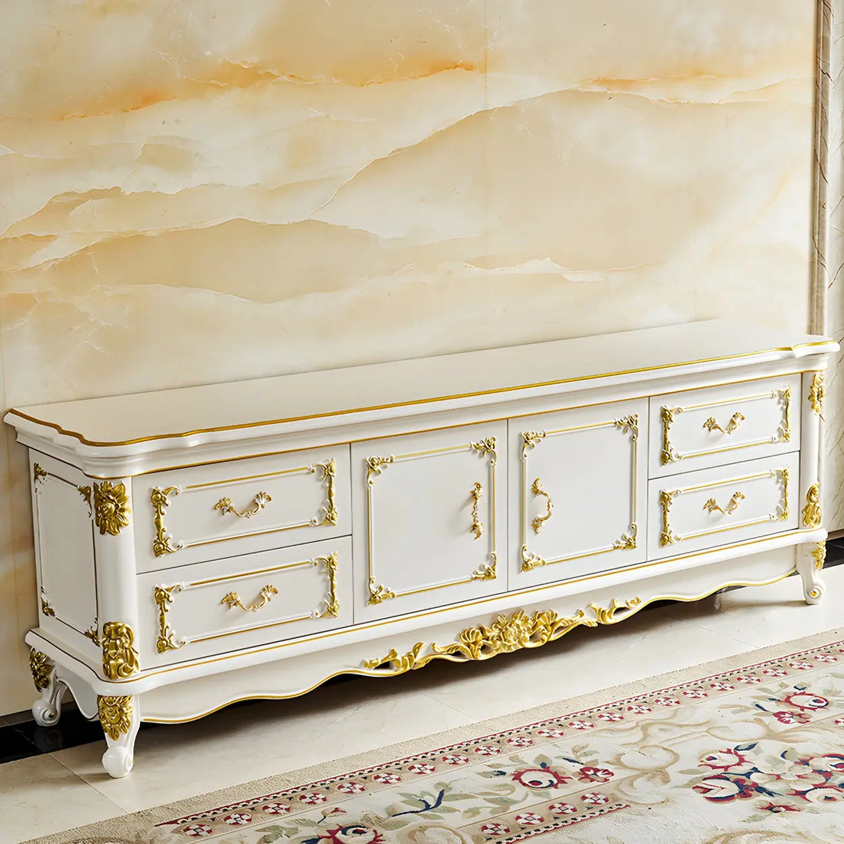 Glam Stone Oak White Wood TV Stand with Storage Image - 3