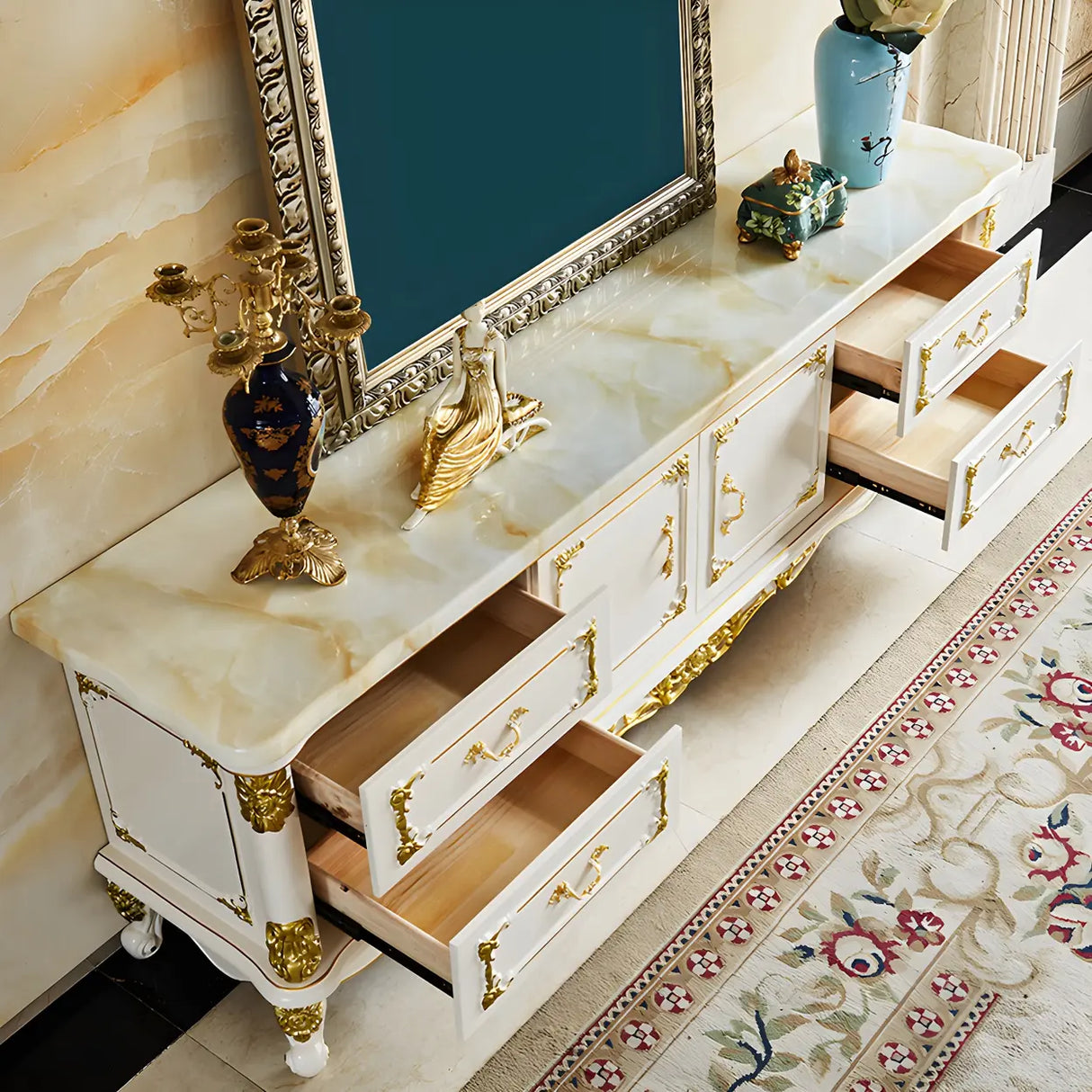 Glam Stone Oak White Wood TV Stand with Storage Image - 4