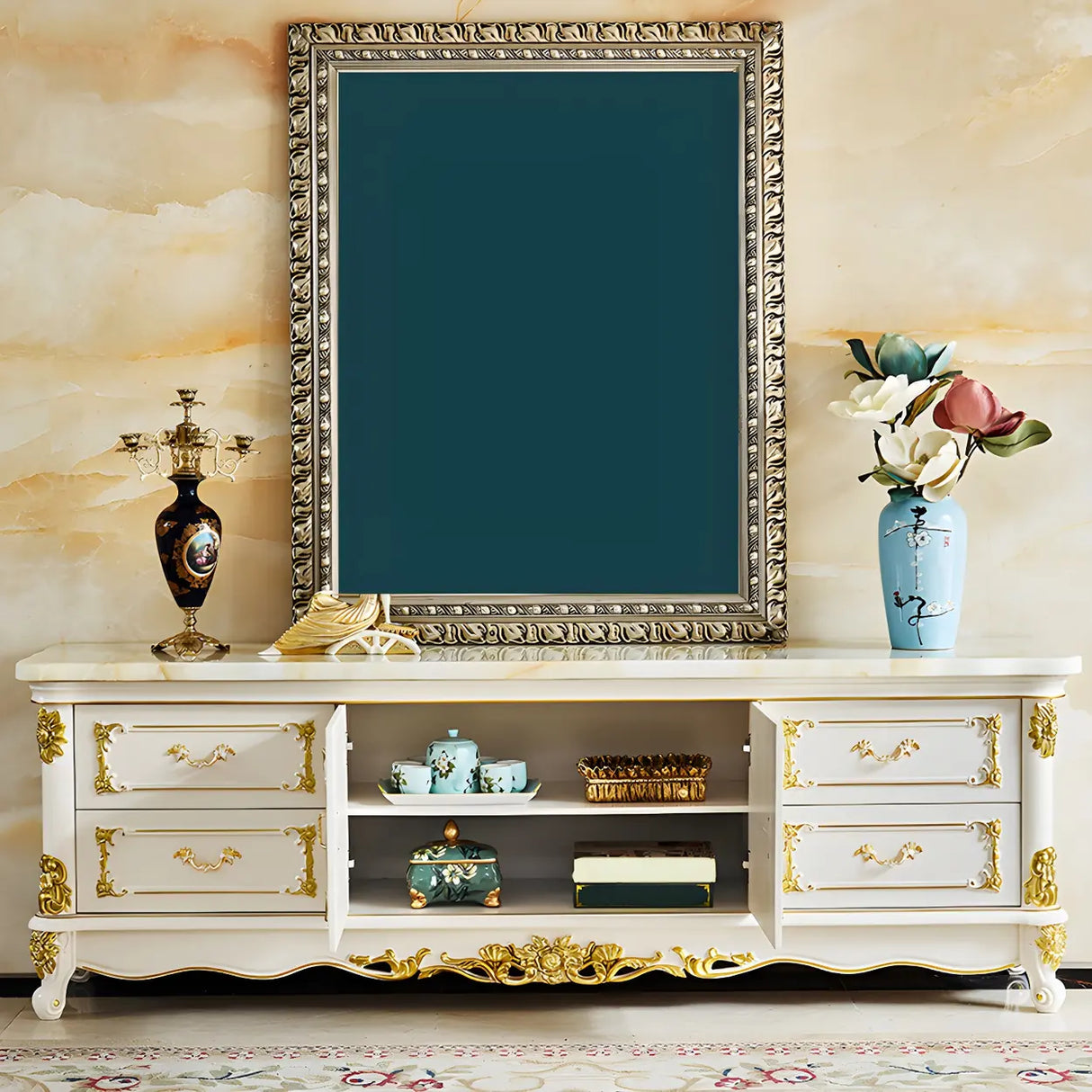 Glam Stone Oak White Wood TV Stand with Storage Image - 5