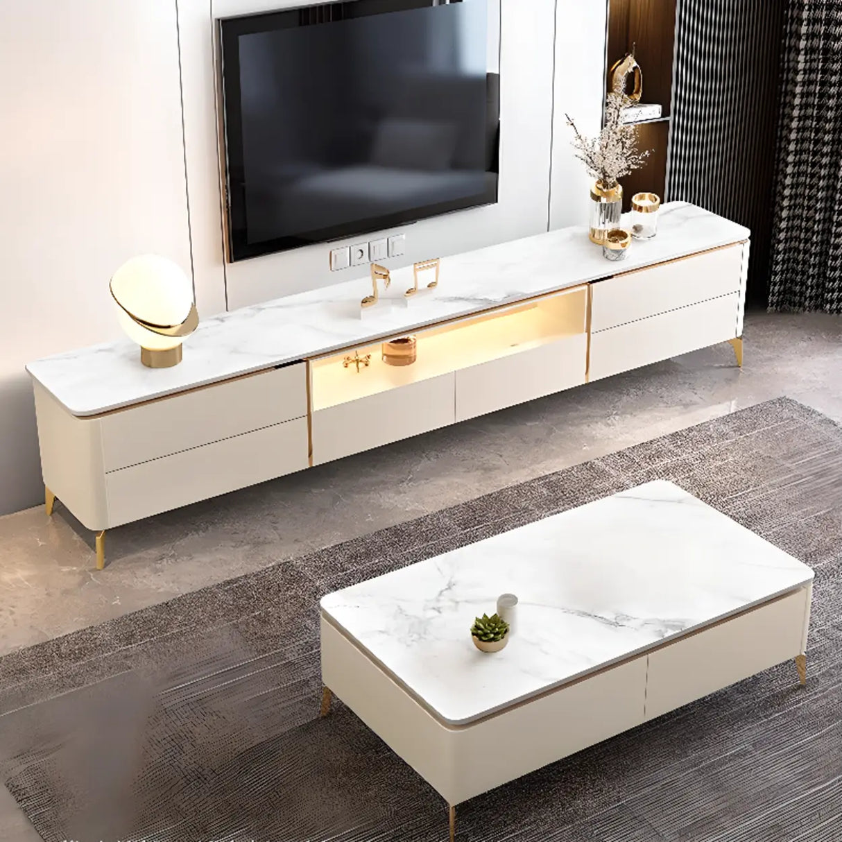 Glam Stone Open Storage Drawers Rectangle TV Stand Image - 1