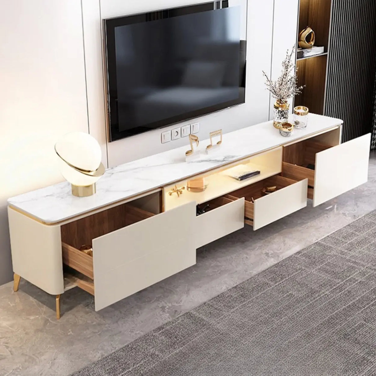Glam Stone Open Storage Drawers Rectangle TV Stand Image - 2