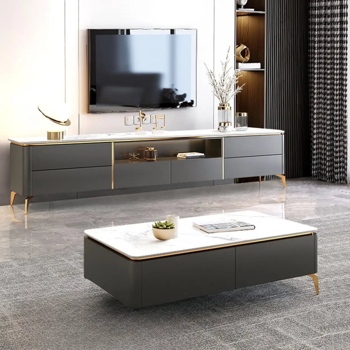 Glam Stone Open Storage Drawers Rectangle TV Stand Image - 3