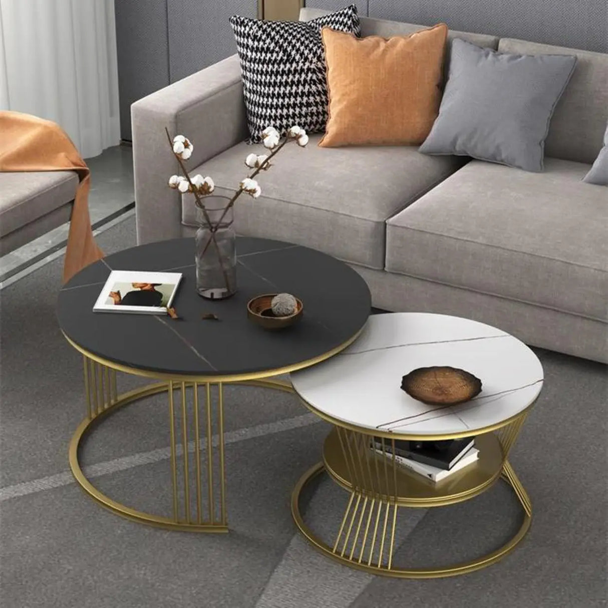 Glam Stone Round Shelf Iron Frame Nesting Coffee Table Image - 10