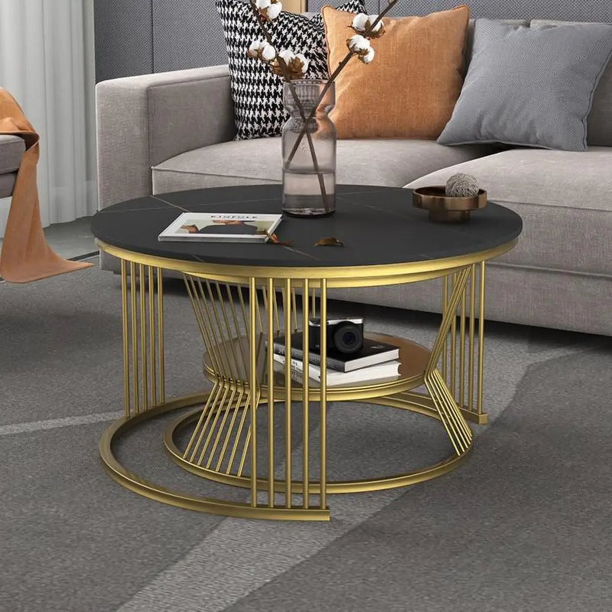 Glam Stone Round Shelf Iron Frame Nesting Coffee Table Image - 11