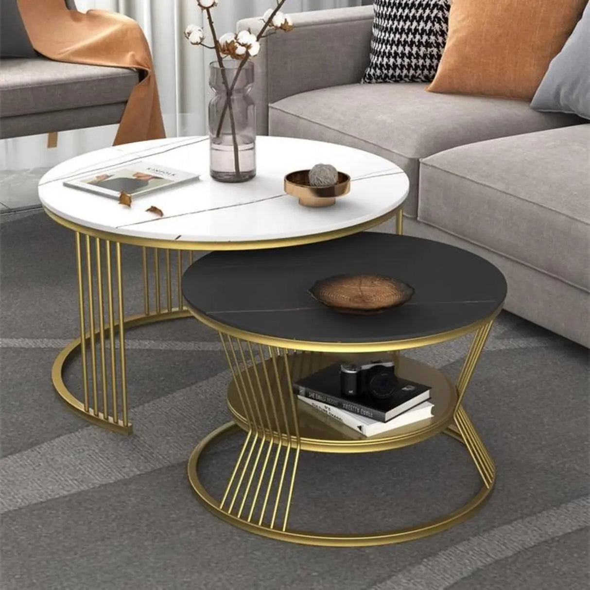 Glam Stone Round Shelf Iron Frame Nesting Coffee Table Image - 3