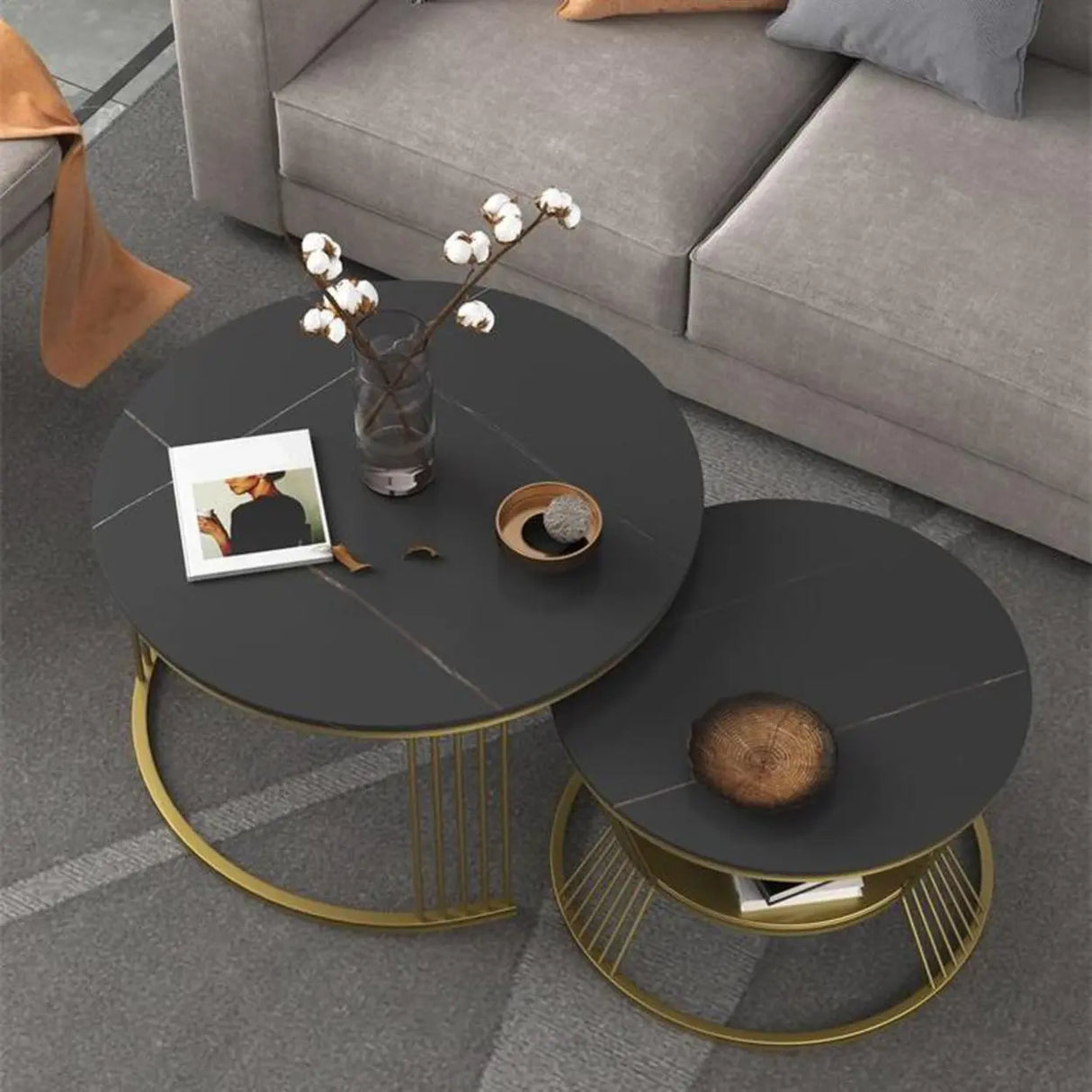 Glam Stone Round Shelf Iron Frame Nesting Coffee Table Image - 4