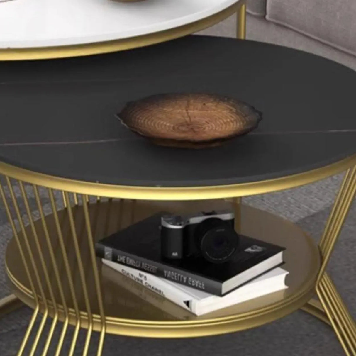 Glam Stone Round Shelf Iron Frame Nesting Coffee Table Image - 7