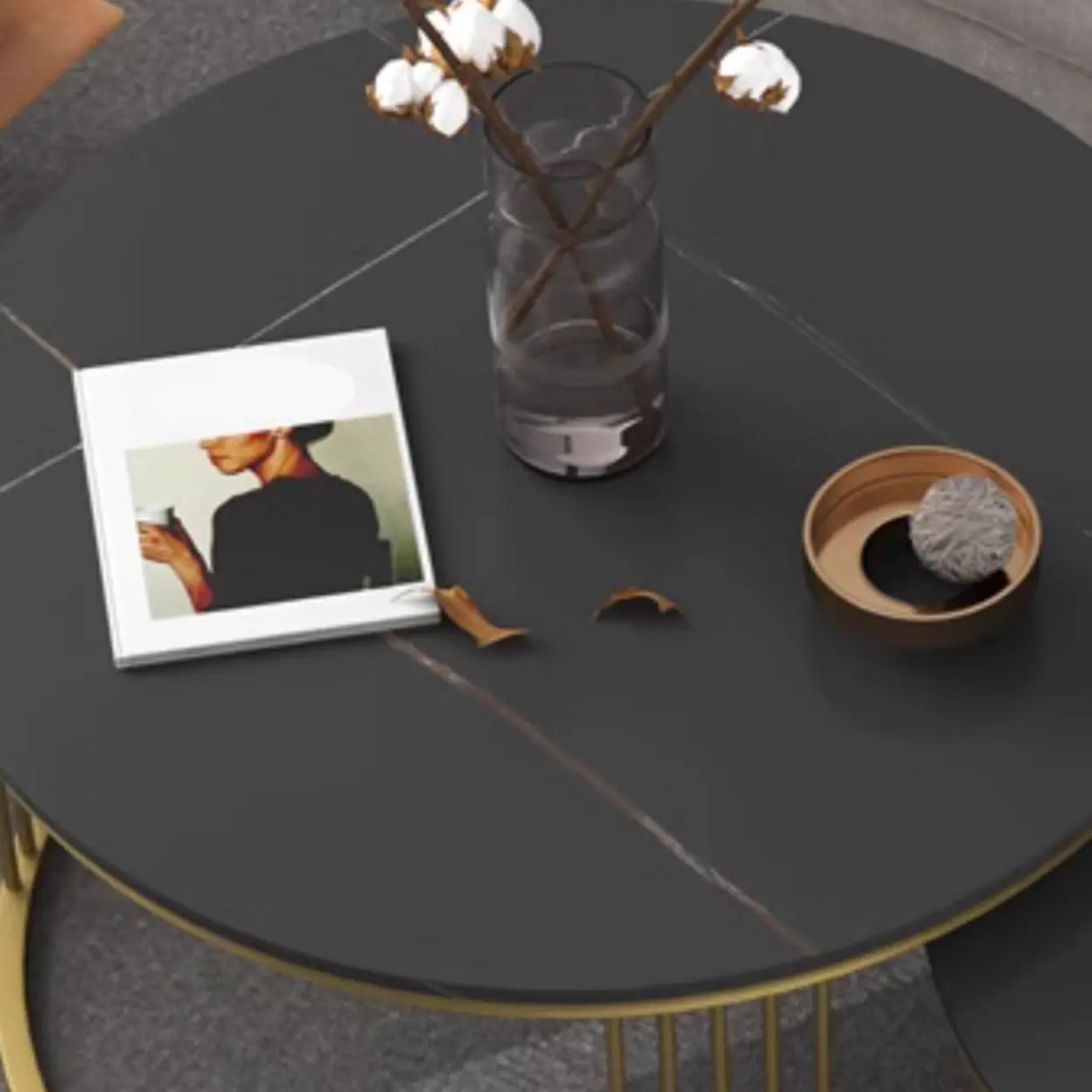 Glam Stone Round Shelf Iron Frame Nesting Coffee Table Image - 8