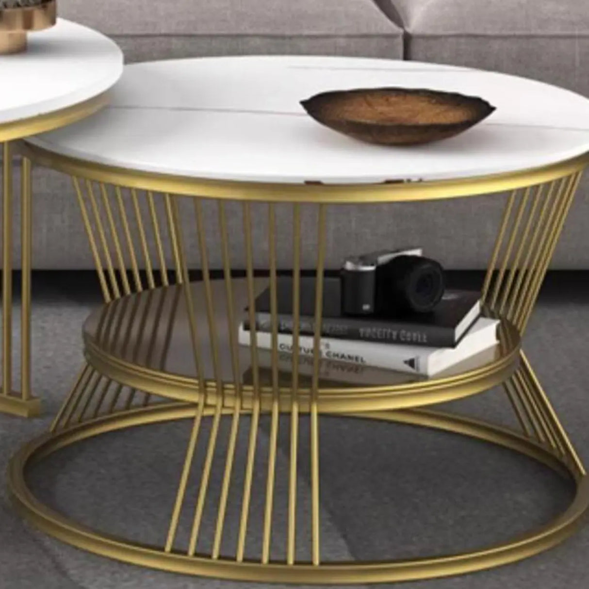 Glam Stone Round Shelf Iron Frame Nesting Coffee Table Image - 9