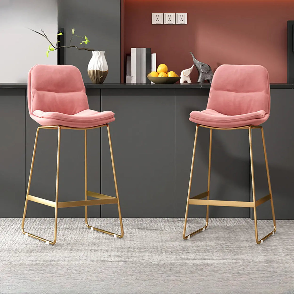 Glam Velvet Upholstered Low Back Bar Stool with Metal Frame Image - 1