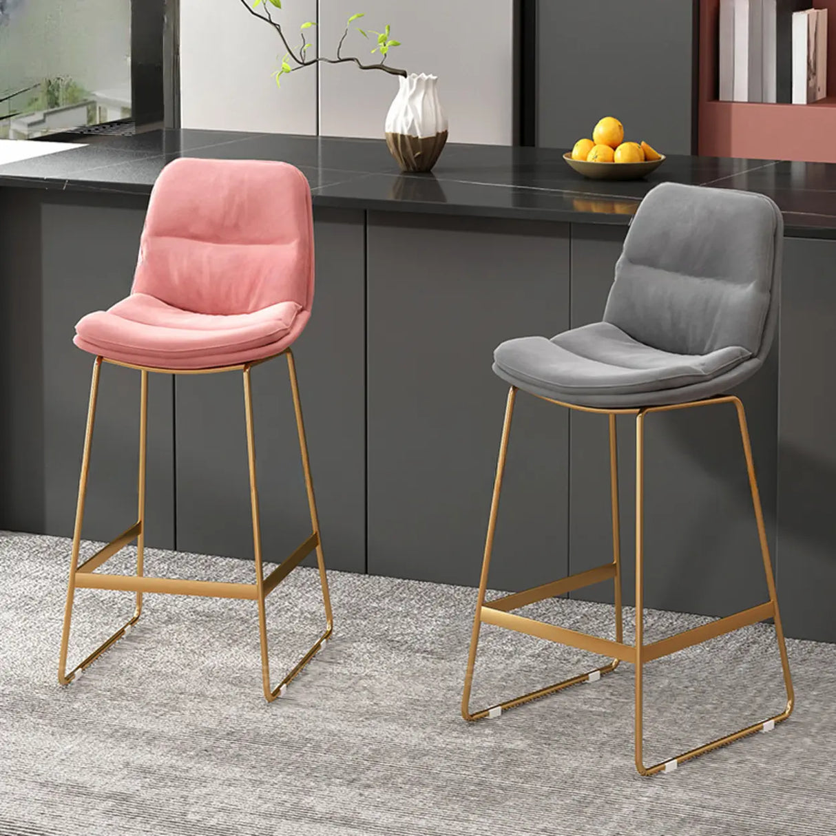 Glam Velvet Upholstered Low Back Bar Stool with Metal Frame Image - 8