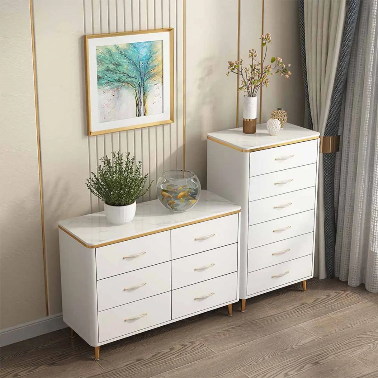 Glam Vertical White Stone Bachelor Chest with Drawers Image - 4