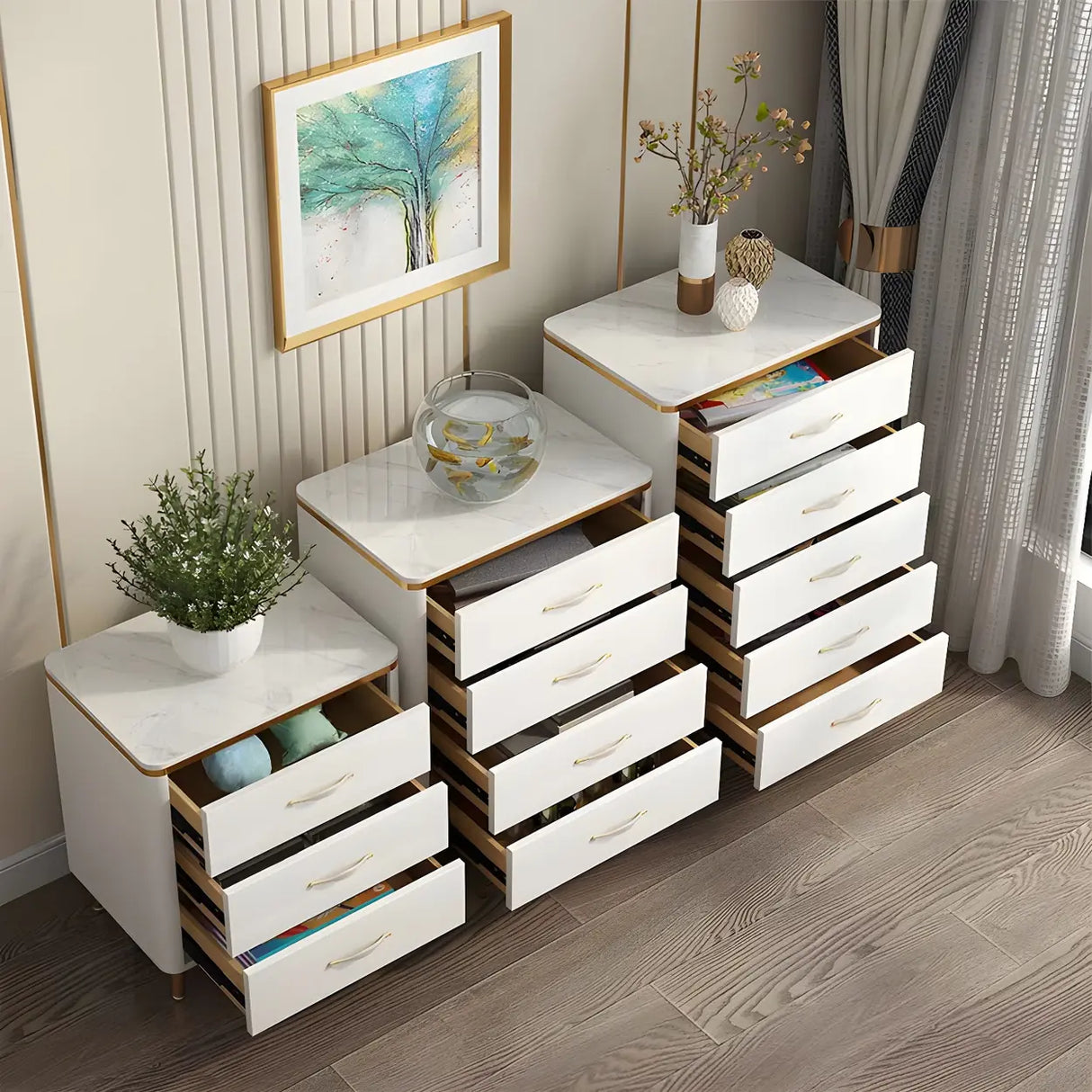 Glam Vertical White Stone Bachelor Chest with Drawers Image - 6