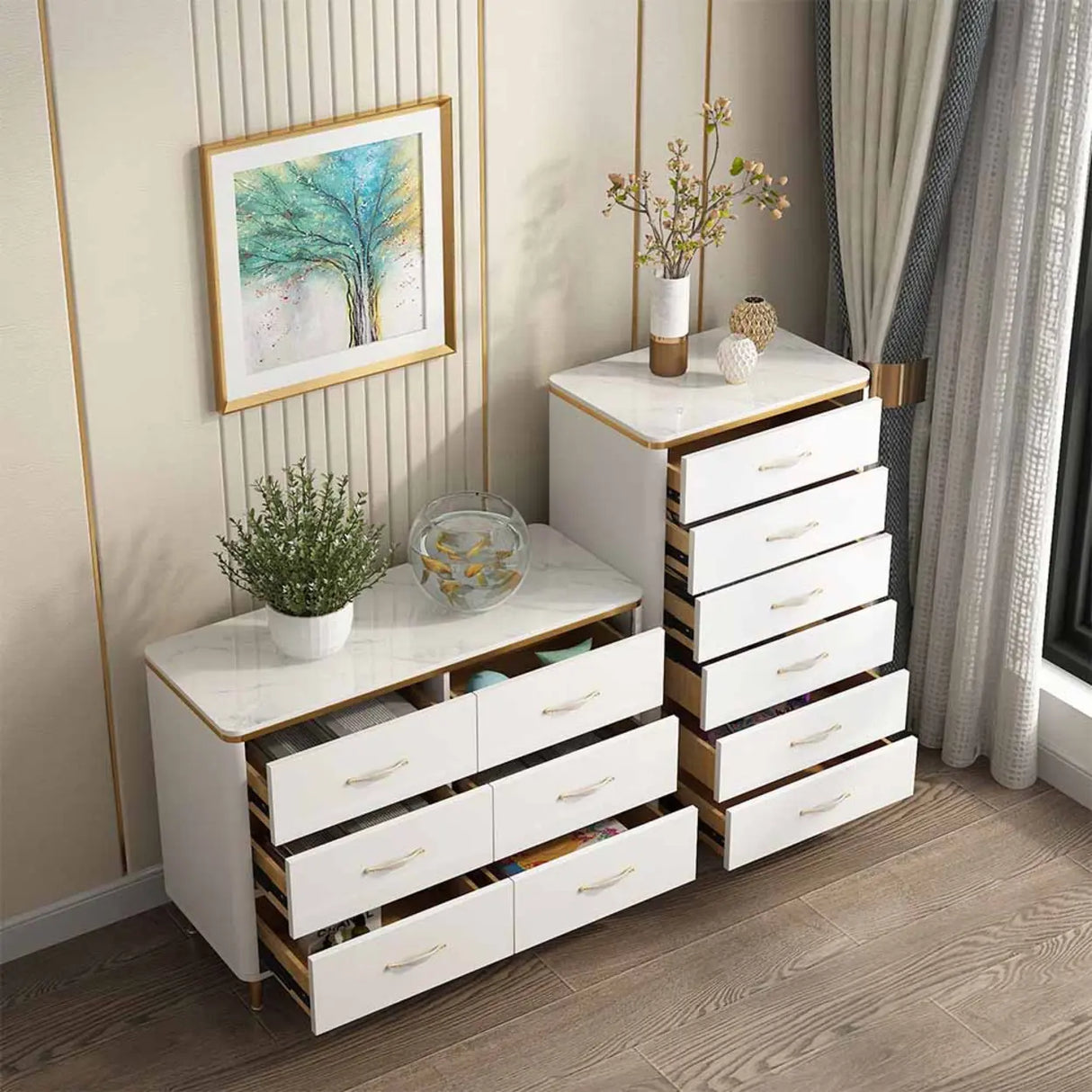 Glam Vertical White Stone Bachelor Chest with Drawers Image - 8