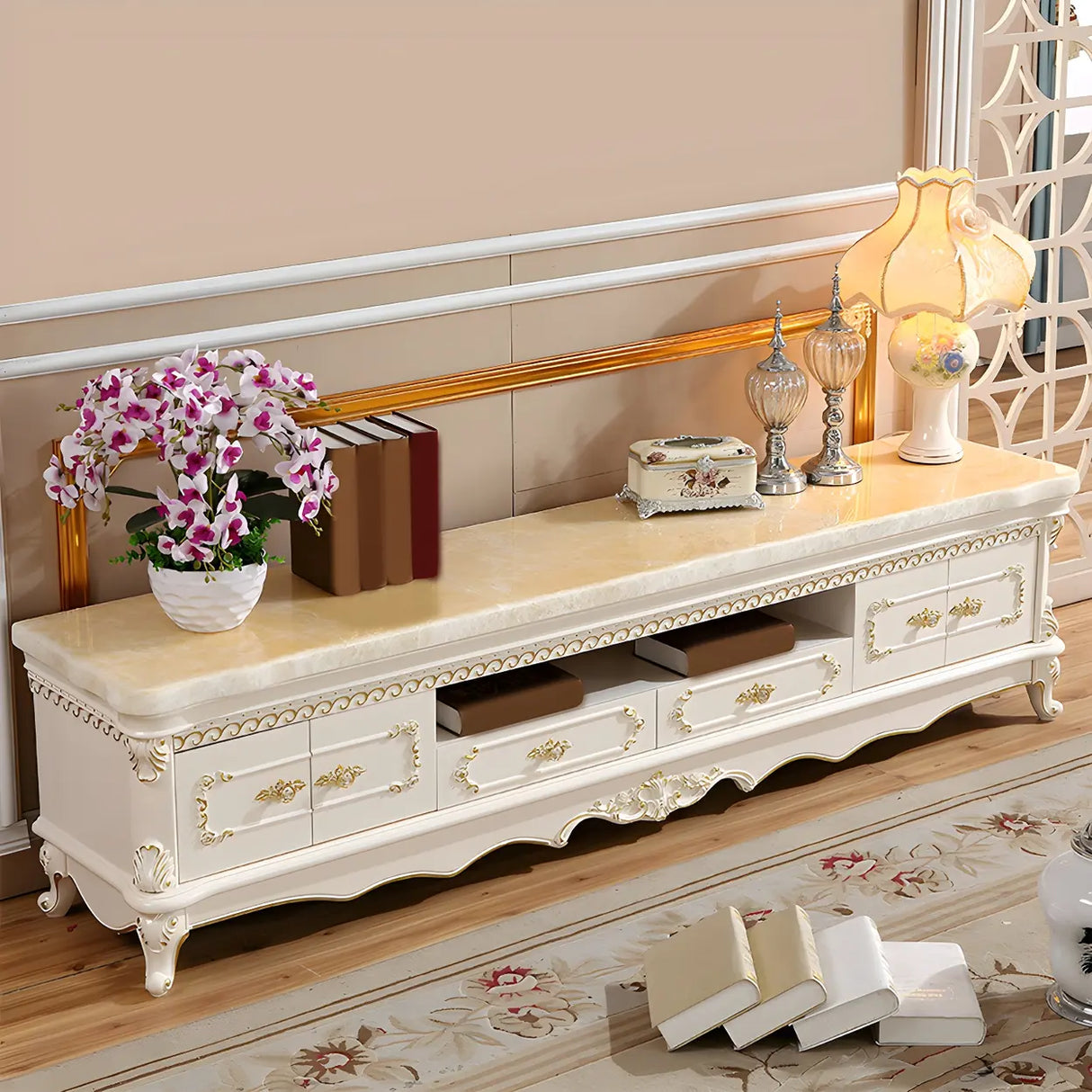 Glam Vintage White Wood Rectangular TV Stand with Drawers Image - 2