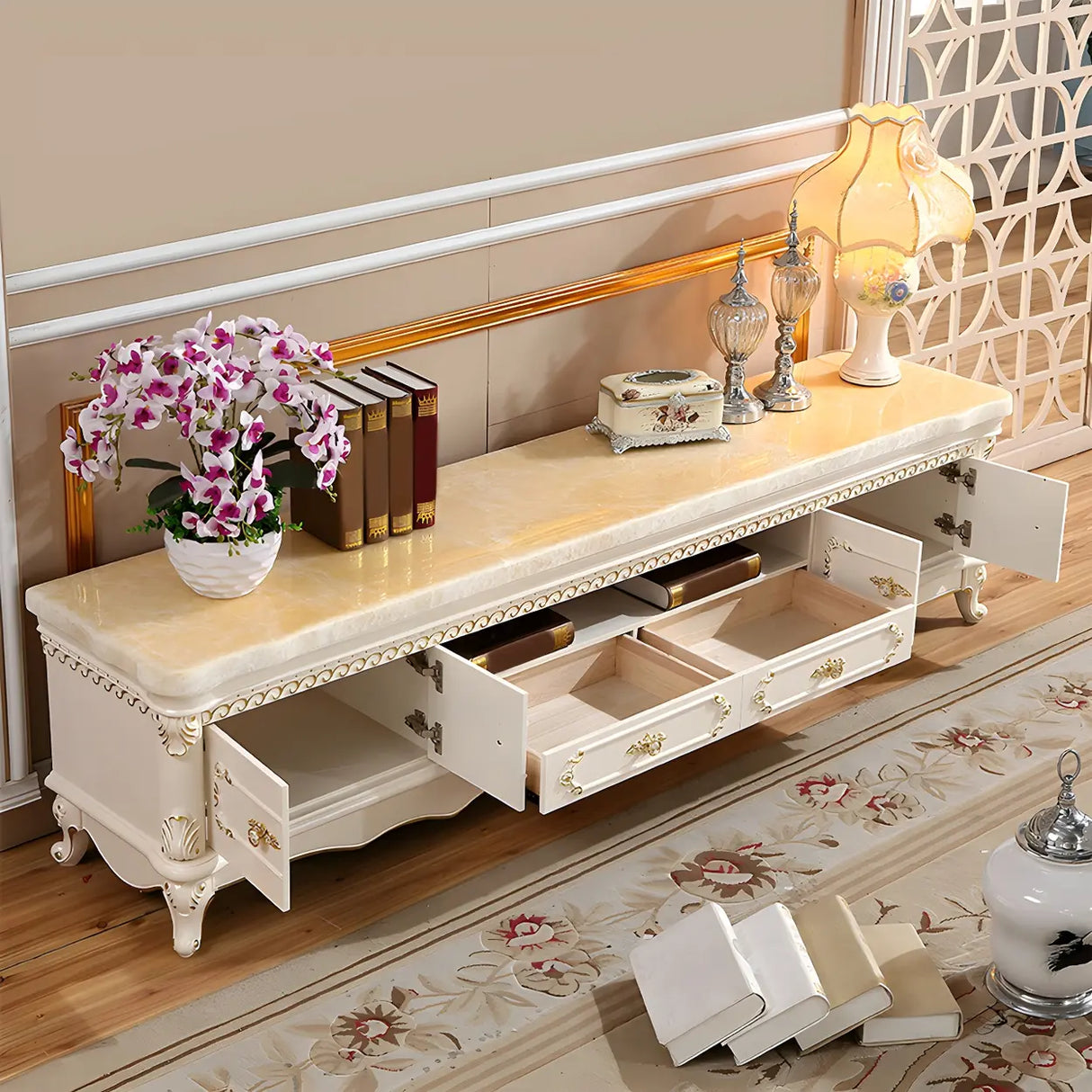 Glam Vintage White Wood Rectangular TV Stand with Drawers Image - 4
