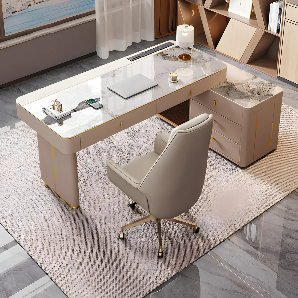 Glam White Glass Stone Top L-Shape Executive Desk Image - 1