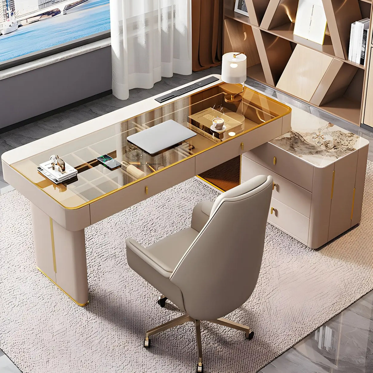 Glam White Glass Stone Top L-Shape Executive Desk Image - 2