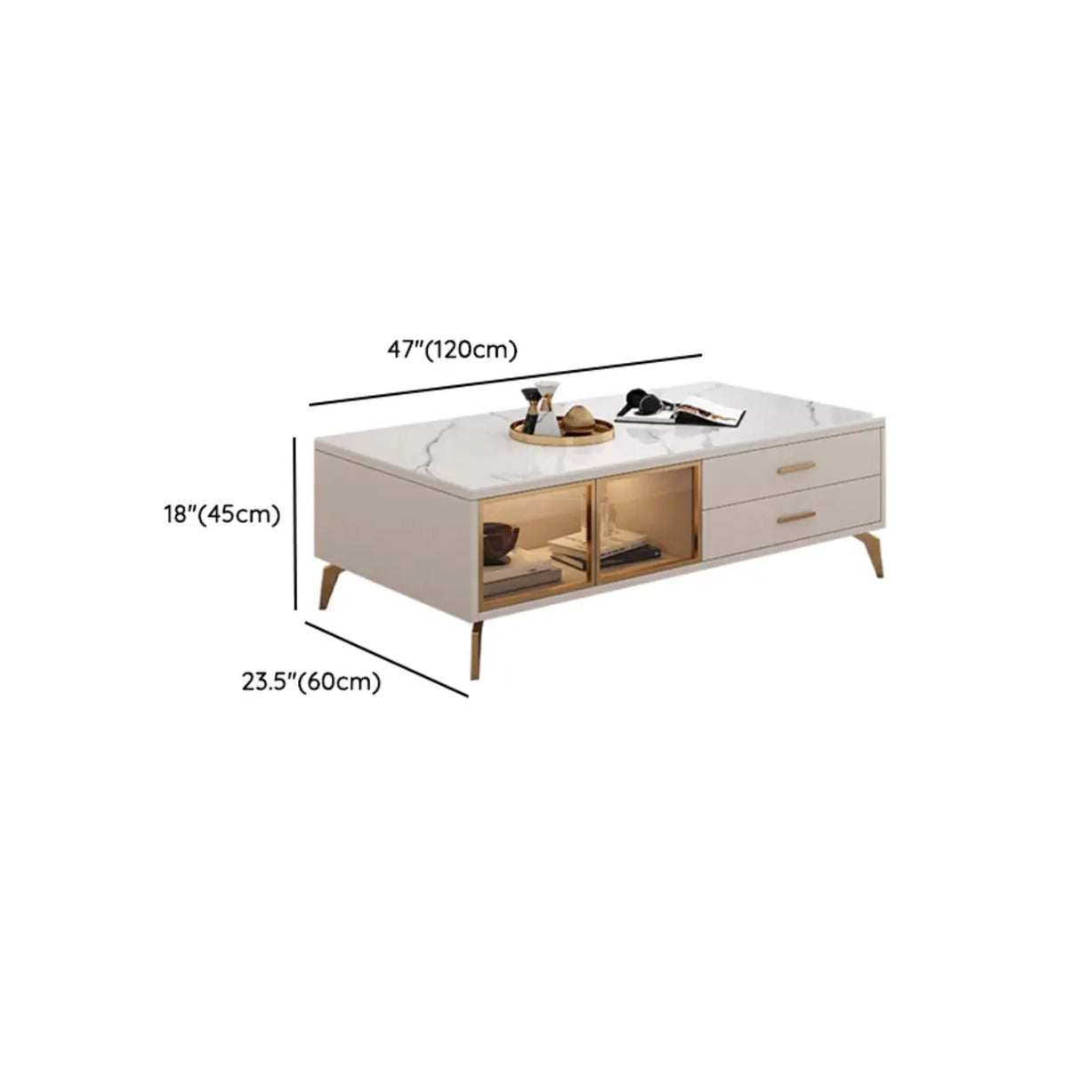 Glam White Gold Four Legs Cabinet Drawers Coffee Table